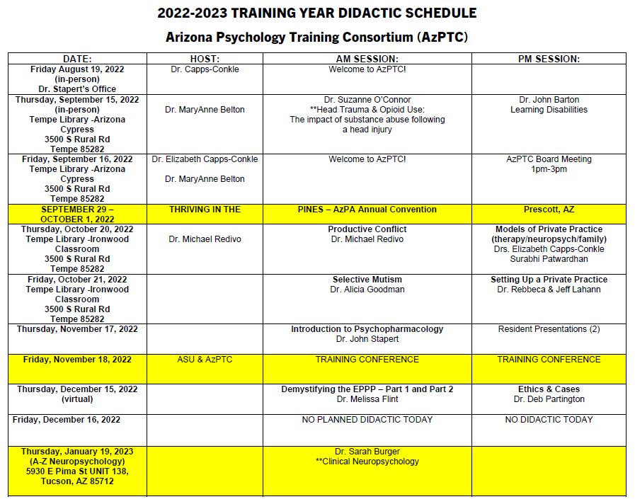 2022-2023 TRAINING YEAR DIDACTIC SCHEDULE