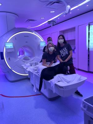Service dog and providers pose near imaging machine