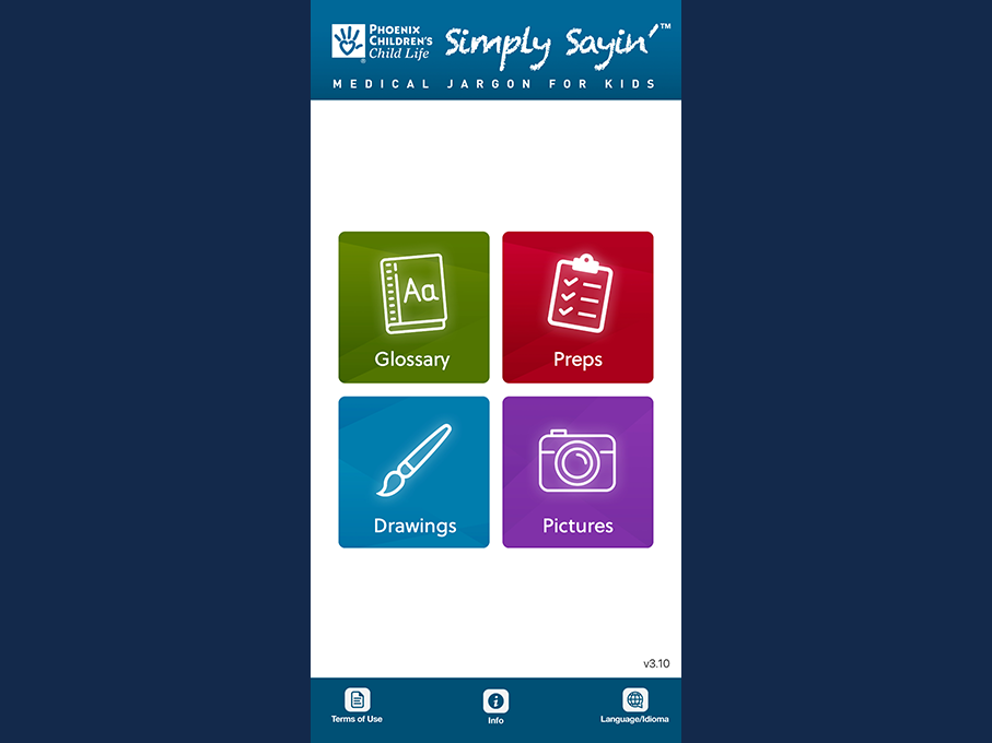 Screenshot of Simply Sayin' app menu - green Glossary box, red Preps box, blue Drawings box, purple Pictures box.,