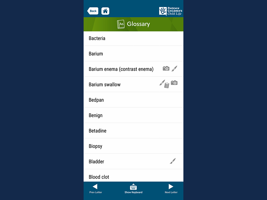 Screenshot of Simply Sayin' app menu - list of Glossary terms that start with B