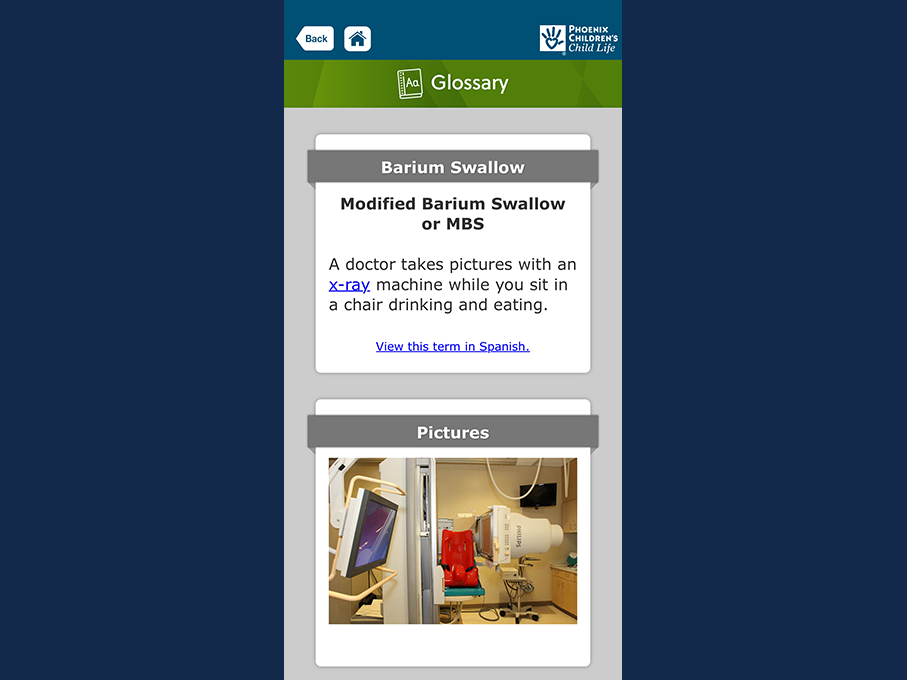 Screenshot of Simply Sayin' app menu - Defintion of Barium Swallow and pictures of x-ray machine